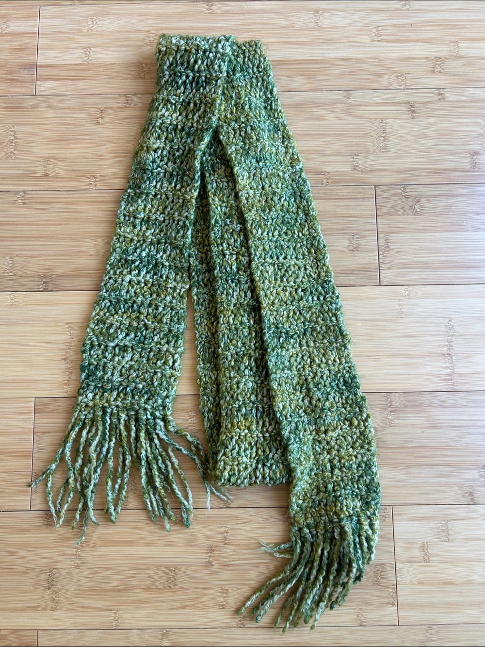 Green Melange Hand-Knit Textured Scarf with Fringe